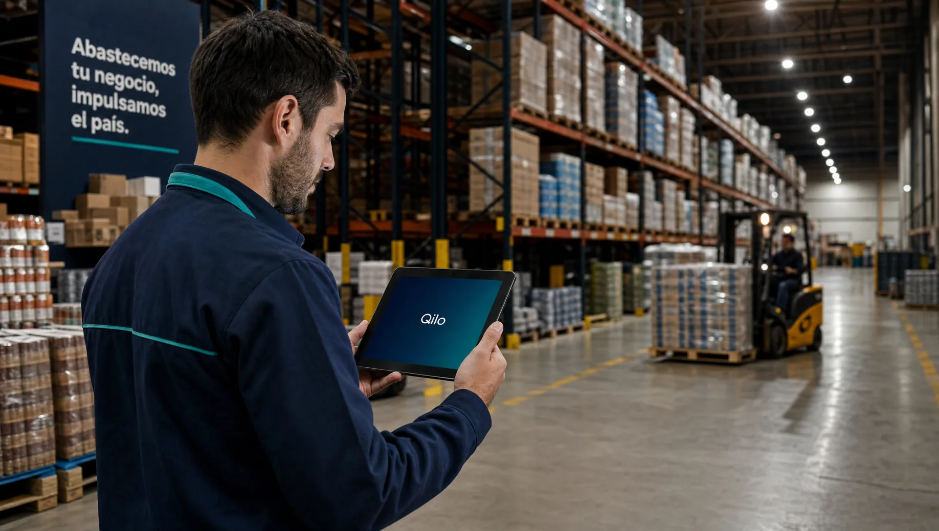Mano usando la app Qilo en el depósito, entre cajas de quesos y fiambres
