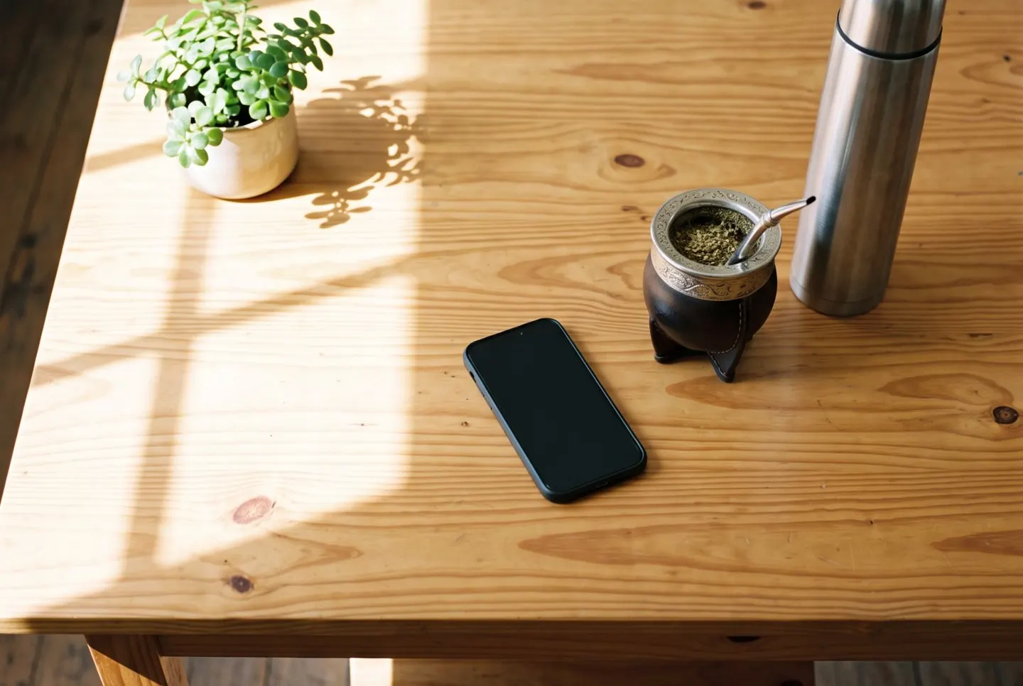 Escritorio de madera con luz de la mañana, un mate, un termo y el teléfono apoyado