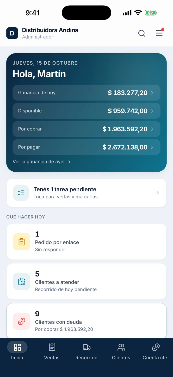 Pantalla de inicio de Qilo con la ganancia de hoy, lo disponible, lo por cobrar y lo por pagar