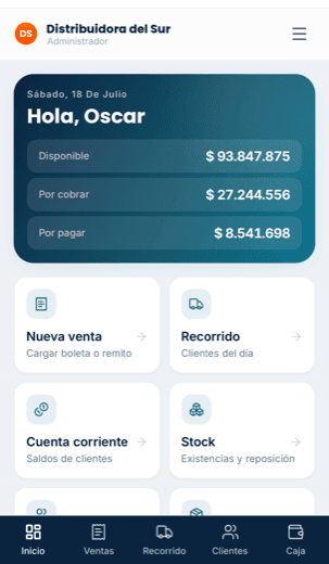 Pantalla de inicio de Qilo con los saldos disponible, por cobrar y por pagar