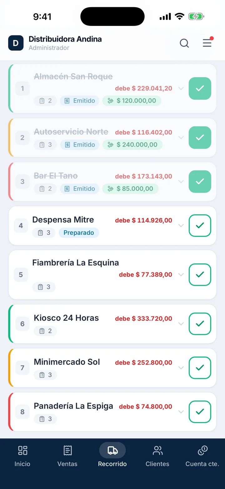 Las paradas del día en orden, con lo que debe cada cliente.