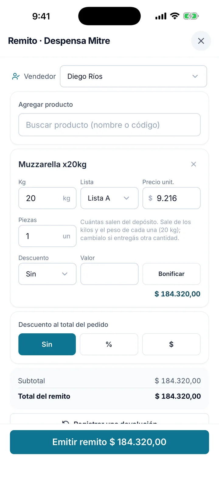 Remito para Despensa Mitre: producto, kilos, lista de precios A y el botón para emitir el remito.